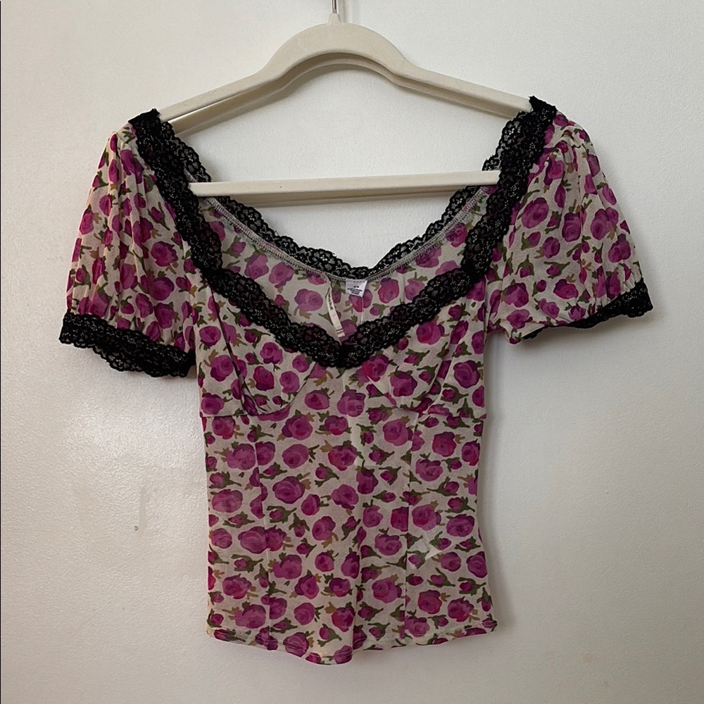 Urban outfitters Floral Top with Black Lace Trim